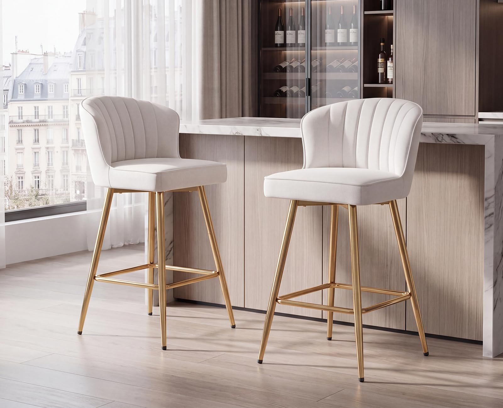 chairus 2 pcs Barhocker Modern, mit Goldenen Metallbeinen, PU-Leder/Beige