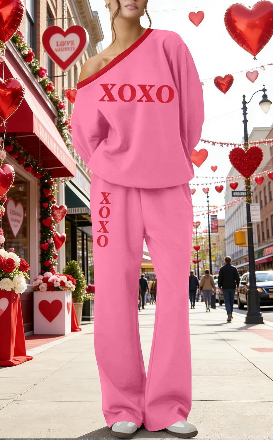 MNLYBABY Women's Valentines Day Outfit Heart Sweatshirt Love Print Wide Leg 2 Piece Set Off Shoulder Y2k Casual