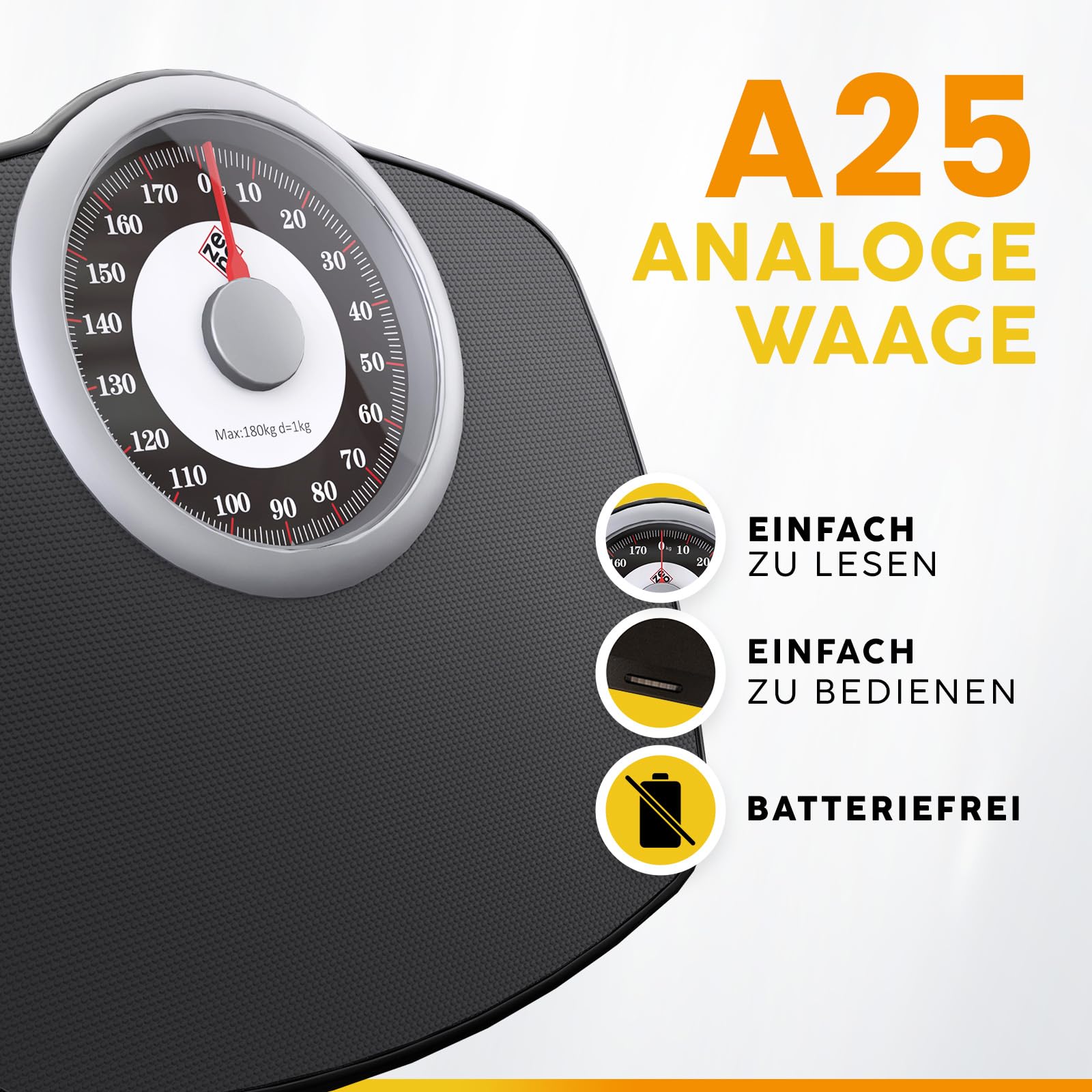 Zeno A25 Personenwaage – bis zu 180 kg – 5,3 Zoll Zifferblatt auf 31 x 30 cm großer Plattform – Rutschfeste Gummioberfläche – Hochpräzise analoge Personenwaage – Langlebig mit 20 Jahren Garantie