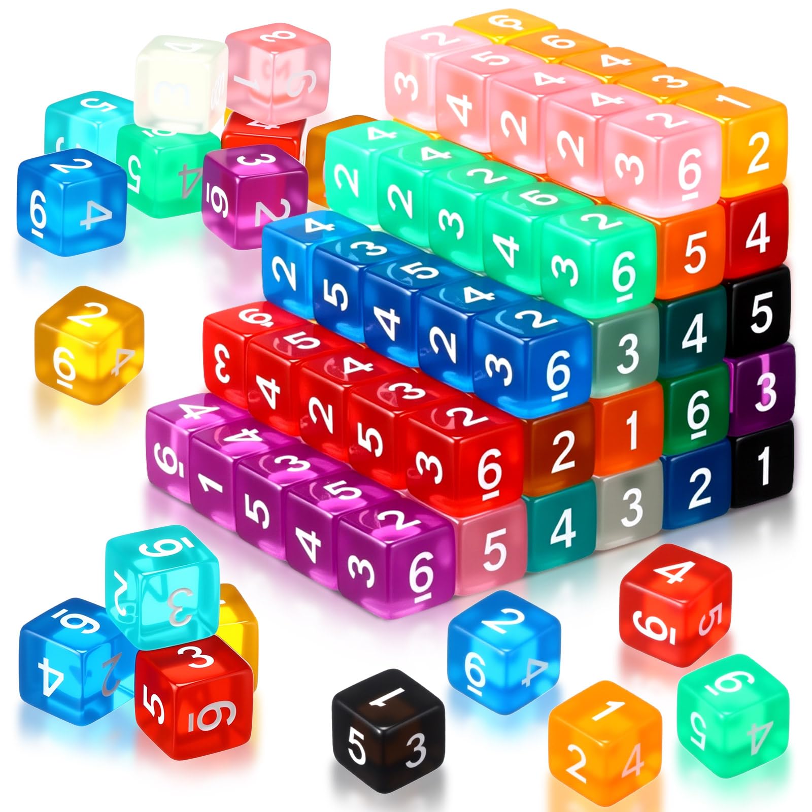 Poen 100 Pcs 16mm Dice Set Bulk, 6 Sided Standard Colored Dices with Numbers, D6 Polyhedral Games Dice for Board Games, Parties (Transparent Color)