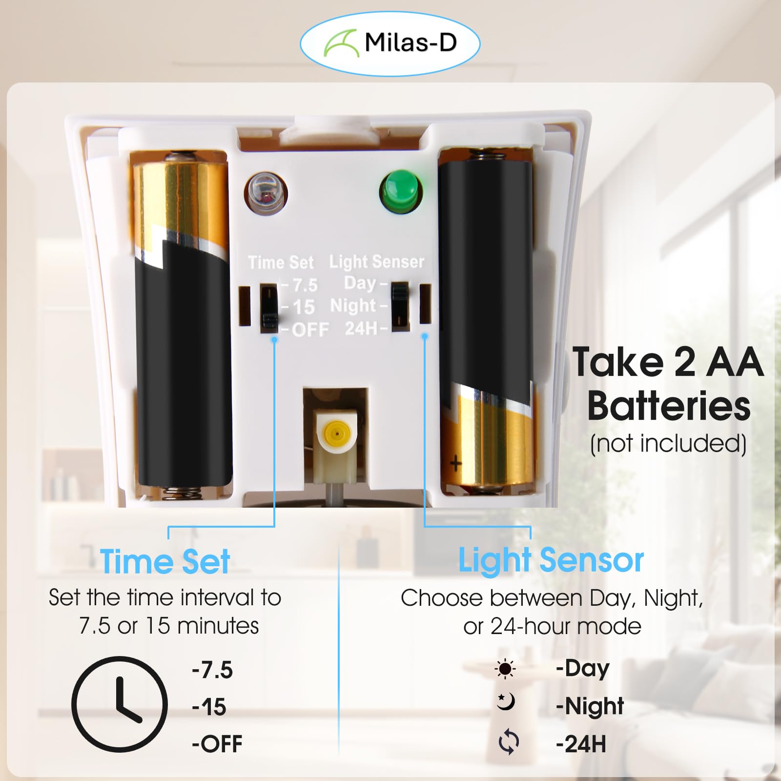 Dispenser automatico spray deodorante per ambienti per uso domestico e commerciale, montaggio a parete o autoportante, compatibile con Glade e Air Wick, bianco Milas-D