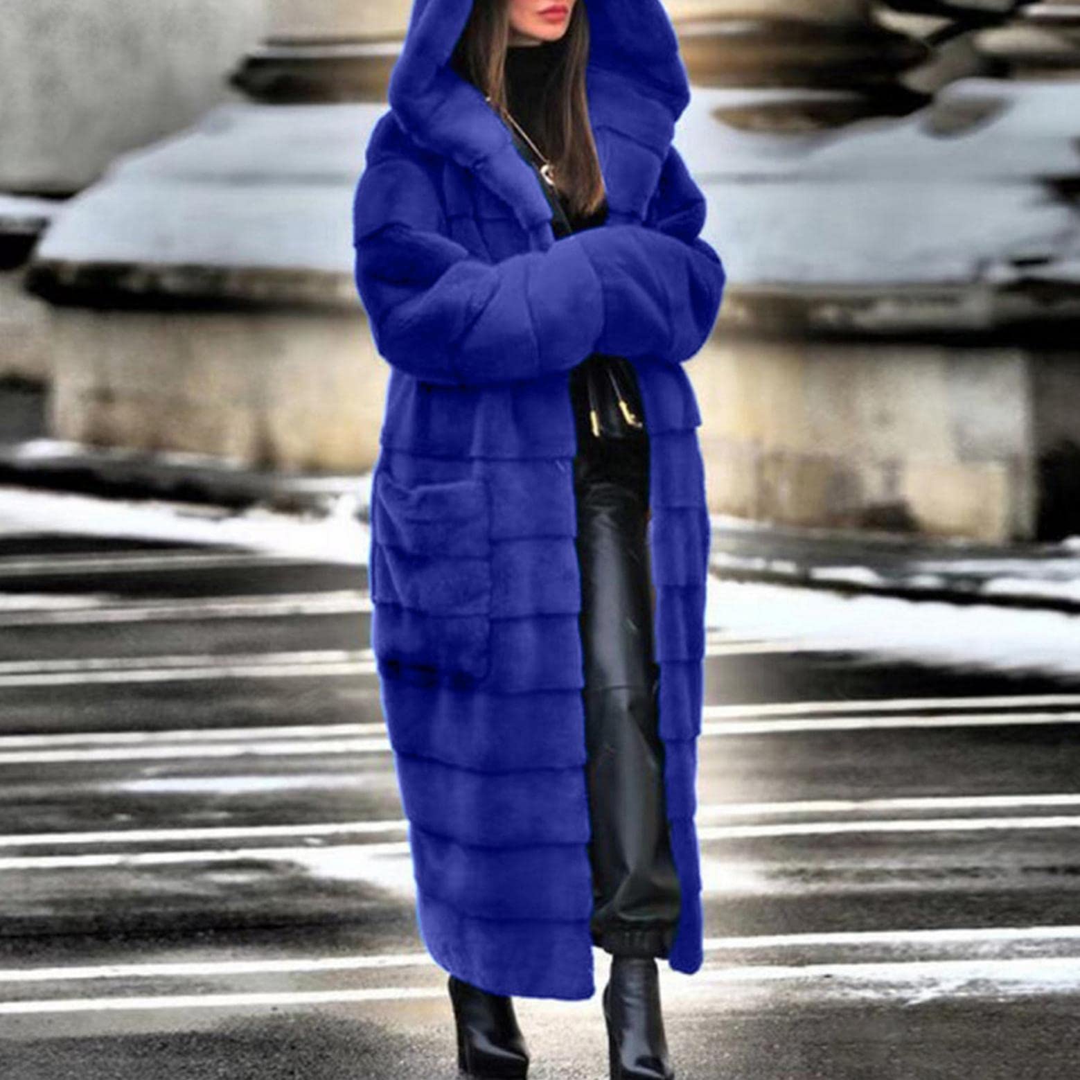 Kanpola, cappotto da donna in pelliccia sintetica, lungo, in finta pelliccia, per autunno e inverno, caldo, con cappuccio, elegante giacca invernale con tasca, Blu, XL