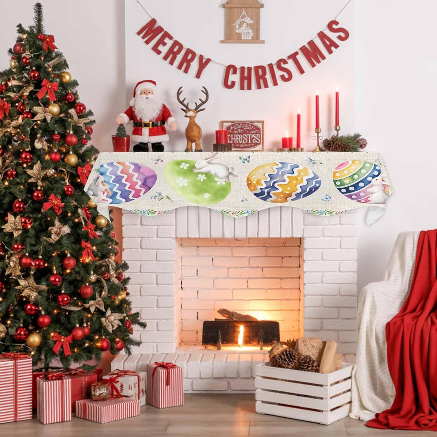 T&H XHome Mantel Scarf - Modern Fireplace Table Runner Easter Colorful Eggs Rabbits Green Plaid Retro Texture Tabletop Scarf for Fireplace Top Runner Window Protector Decor 60"x17"