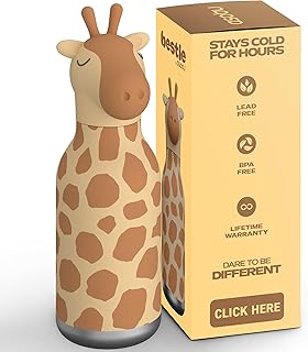 asobu Bestie Bottle Insulated Stainless Steel Water Bottle with Detachable Soft Animal Head Fun Drinking For Kids and Teens16 Ounce with Flexible Reusable Straw (GIRAFFE)