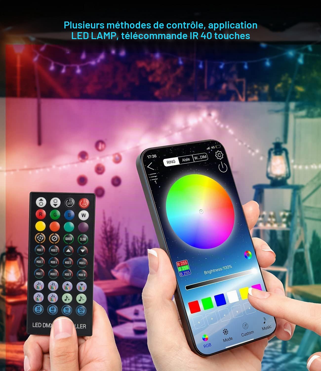 Guirlande lumineuse LED d'extérieur de 15 m, étanche IP65, multicolore, 20 ampoules RVB S14, application intelligente et télécommande contrôlée, pour terrasse, arrière-cour, fête, mariage, jardin