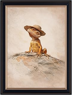 Framed Lizard in Straw Hat Poster Canvas Wall Art for Living Room and Bedroom Home Decor Quirky Vintage Animal Pictures Poster Painting Prints Wall Decor Decoration (black frame,12" Lx16 W)
