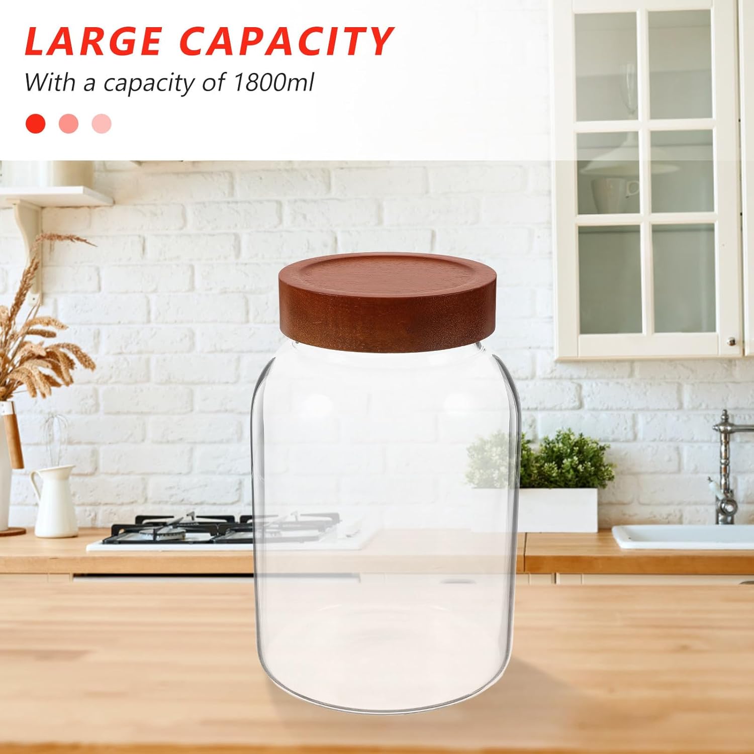 Glass Grain Storage Jar 2800ml with High Borosilicate Glass and Acacia Wood Airtight Lid for Kitchen Coffee Tea Sugar Canister and Dried Food Preservation
