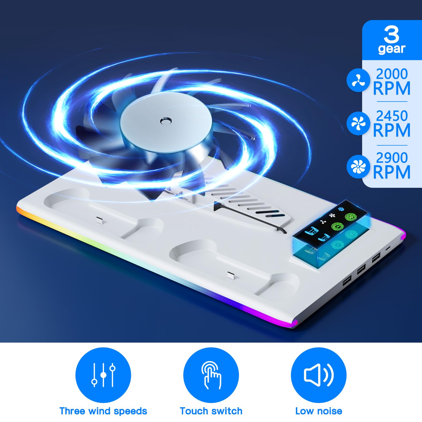 PS5/PS5 Slim Ständer mit 3 Stufig Lüfter und 3 USB Anschlüsse, PS5 Standfuß mit RGB Licht, PS5 Controller Ladestation, PS5 Halterung mit Headset Halter, für PS5 Zubehör, PS5 Digital/Disc Edition