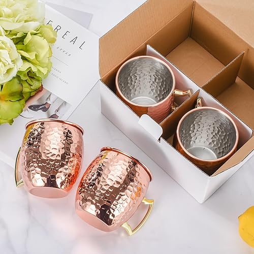 Miniatura 7 de Moscow Mule - Juego de 4 tazas de cobre martillado de 16 onzas con forro de acero inoxidable 304 y asas de latón dorado, para bebidas frías