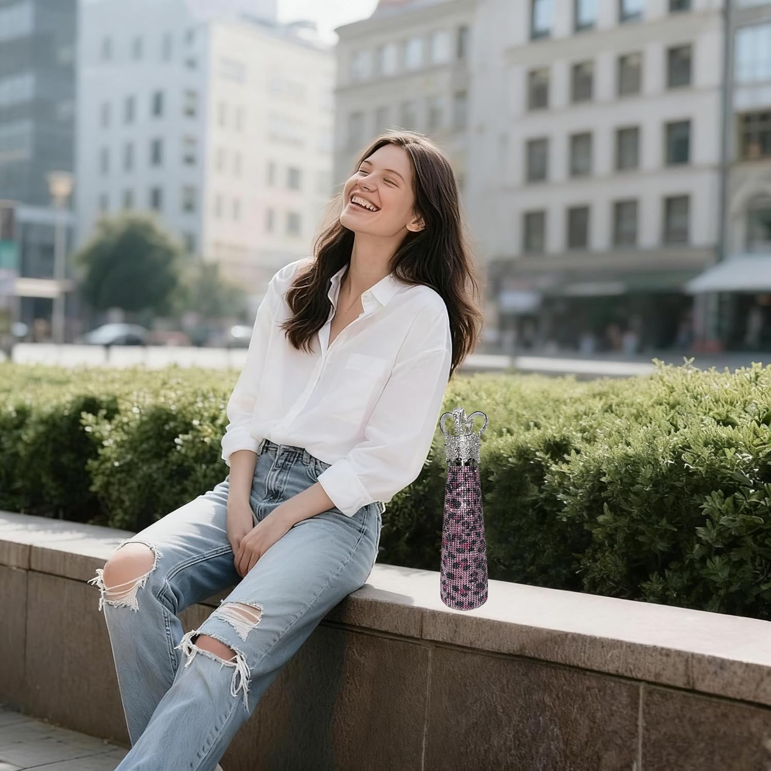 Diamond Water Bottle Bling Rhinestone Stainless Steel Thermal Bottle 17oz Queen Crown Vintage Insulated Water Bottle Gifts for Women (500ML),Leopard Pink