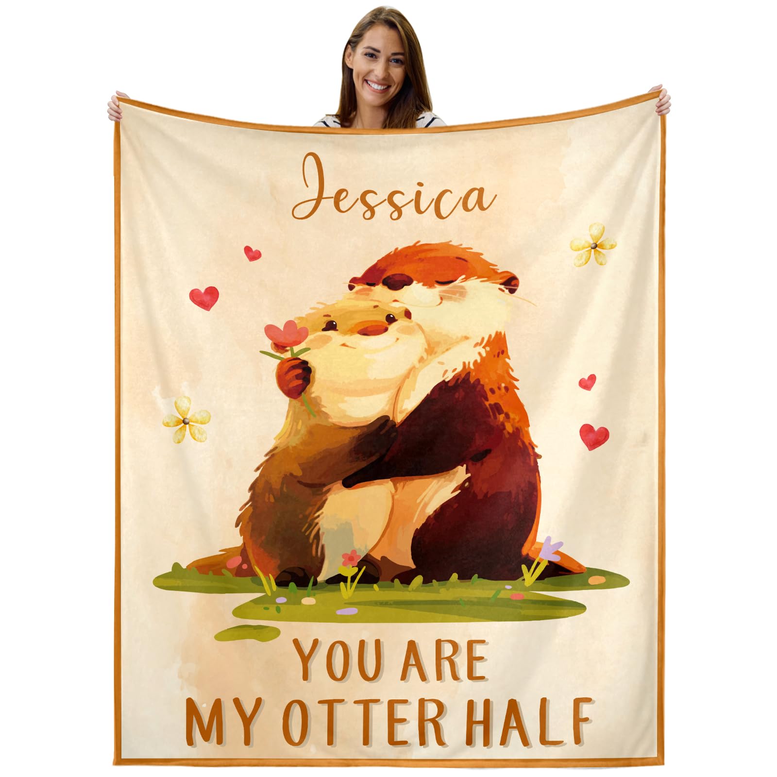 Otter Blankets, Custom Anniversary Throw Blanket with Name, Personalized Blanket, Otter Gifts for Couple, Valentines Gifts for Girlfriend Boyfriend,