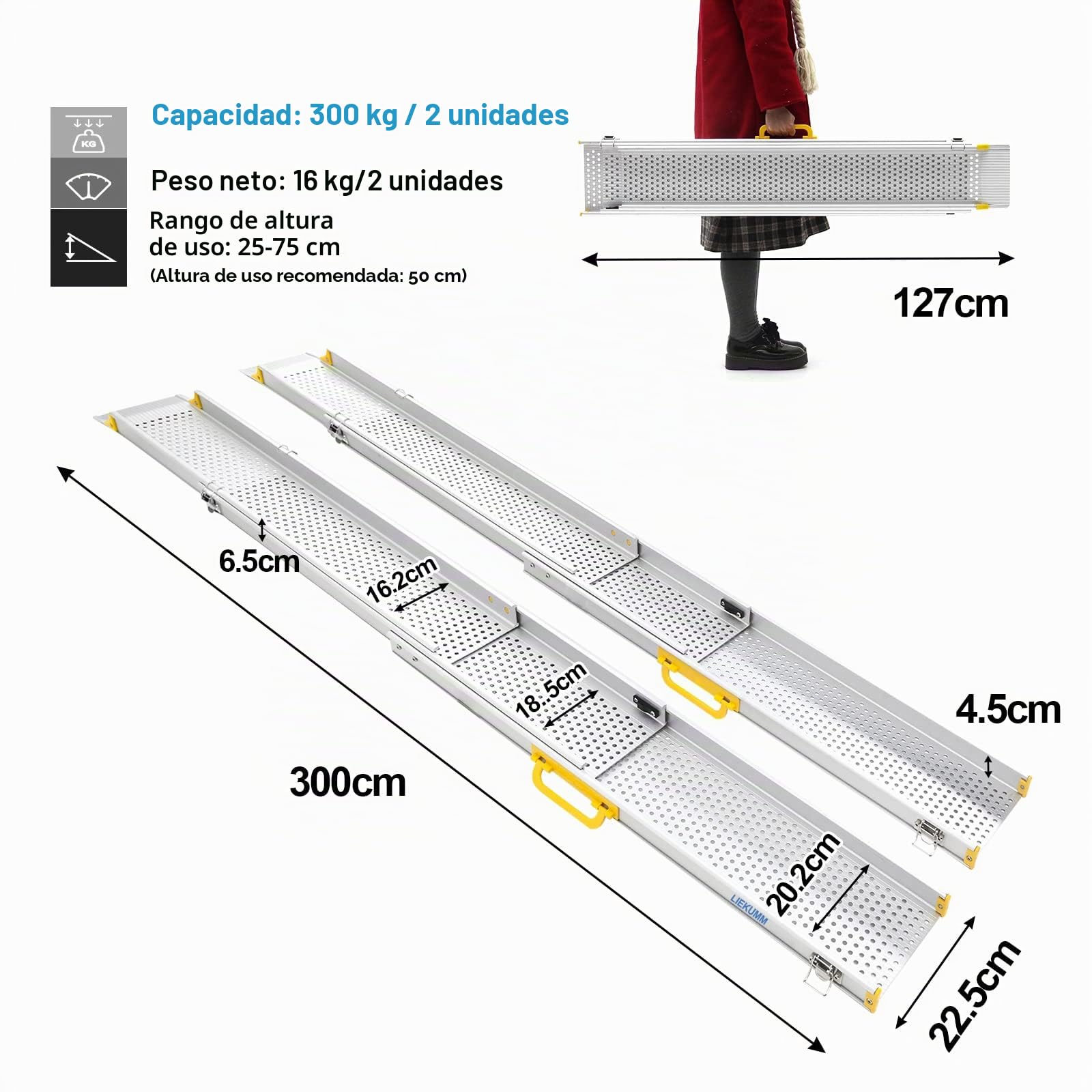 LIEKUMM Rampas para Silla de Ruedas, ALU Sólida, telescópica de 126-300 cm | Carga máxima 300 kg, Pack 2 uds Antideslizante Portátil Estable Antioxidante, Adecuada para 1-5 escalones, Umbrales y Coches