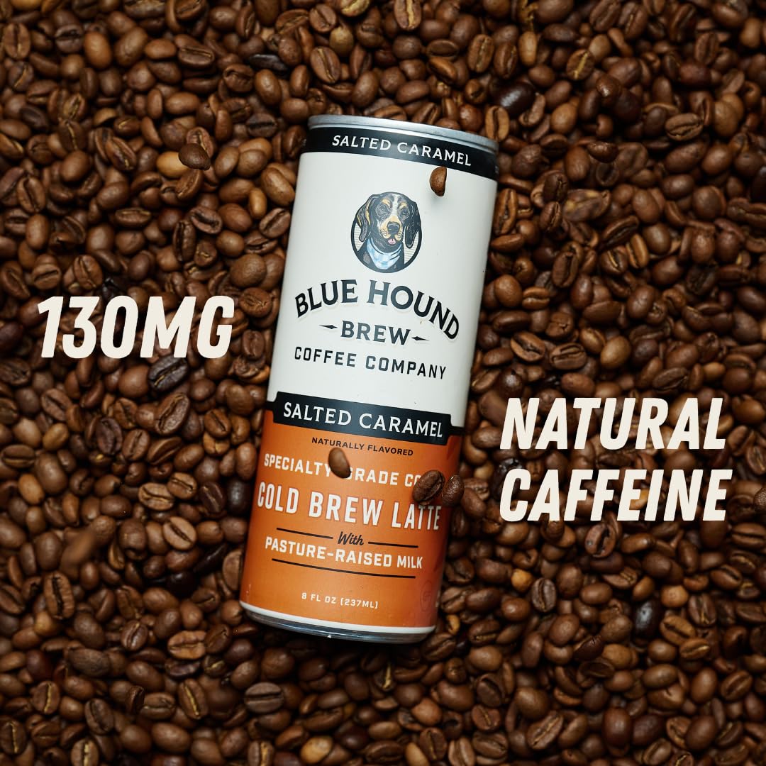 Blue Hound Brew Salted Caramel Cold Brew Latte, 12 Pack | Organic Pasture-Raised Whole Milk, Specialty Grade Arabica Coffee, 130mg Caffeine, No Artificial Sweeteners, Non-GMO, 8 fl oz Cans