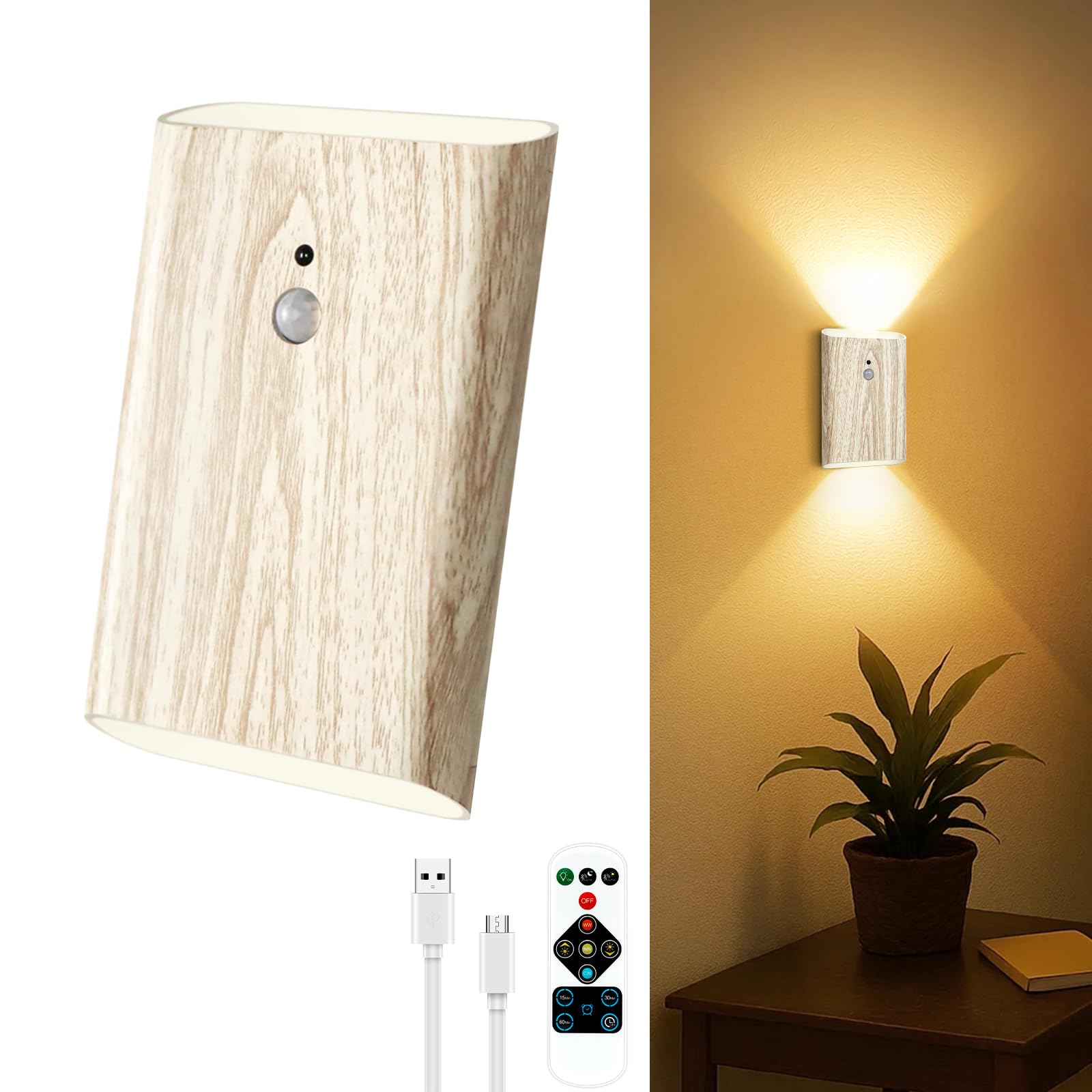 Toowell Akku Wandleuchte Innen mit Bewegungsmelder Fernbedienung,3 Farben LED Wandleuchte Ohne Stromanschluss,Kabellose Wandlampe Innen Batterie mit Schalter,Wandlampe Akku Timer Dimmbar