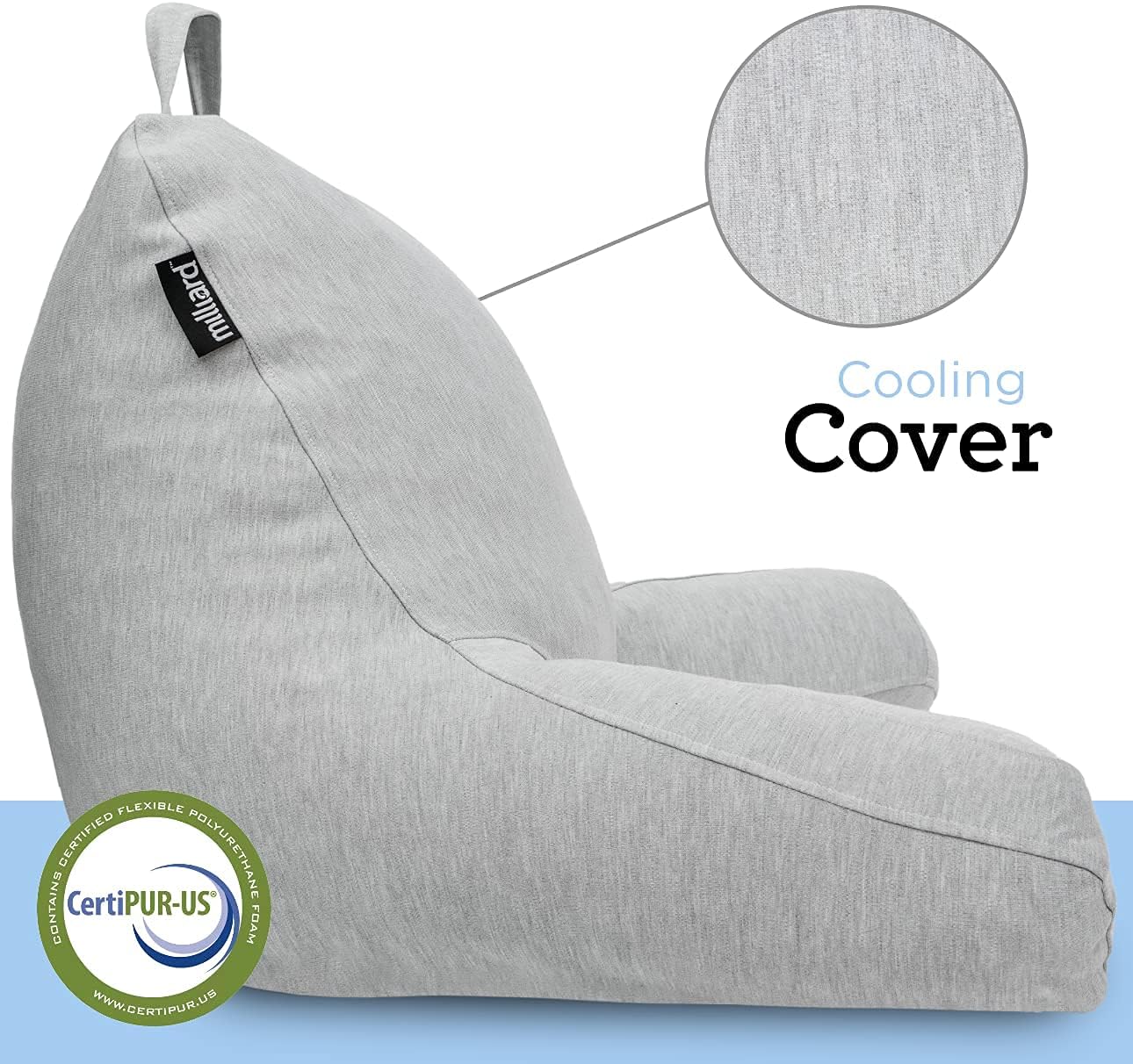 Milliard Reading Pillow with Shredded Memory Foam, Large Adult Backrest with Arms, Back Support for Sitting Up in Bed with Washable Cover (Sit up Pillow) (Cool Grey)