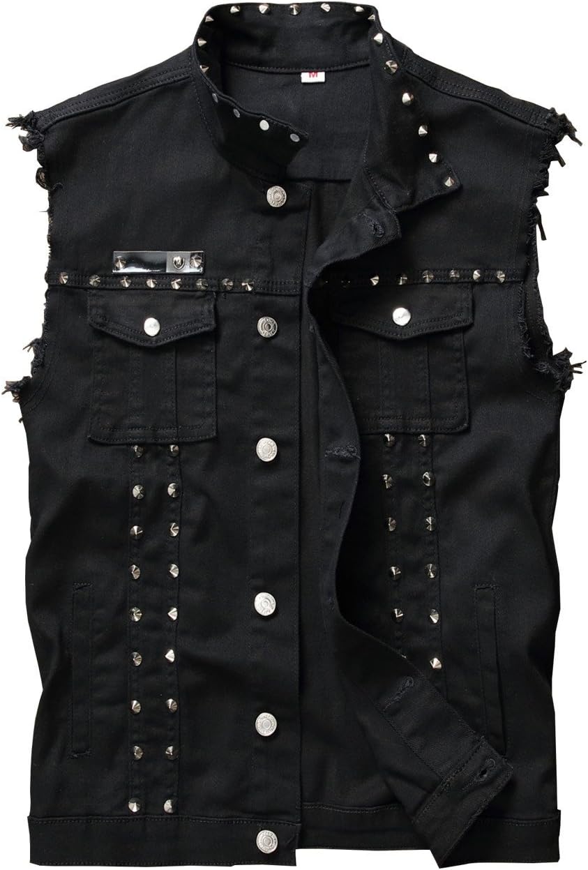 Men's Punk Denim Vest Sleeveless Jean Jackets With Rivets