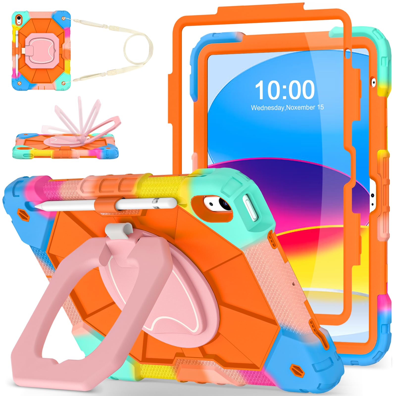 WESOROL Case for iPad (A16) 11th/10th Generation 2025/2022 with Screen Protector Rotating Stand Pencil Holder iPad Case 10th Generation Shockproof Cover for iPad 10th Gen Cases,Colorful Orange