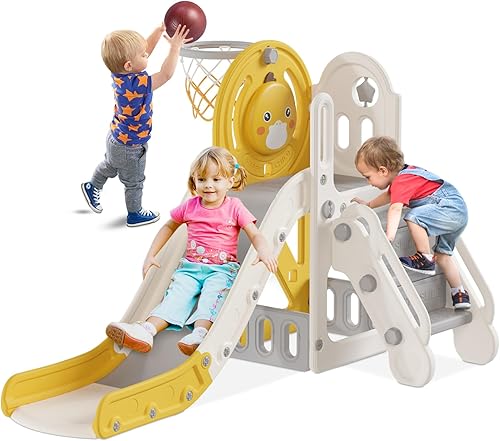 BIERUM Tobogán 5 en 1 para niños pequeños, tobogán para bebés de 1 a 3 años con aro de baloncesto, para interiores y exteriores, patio trasero,