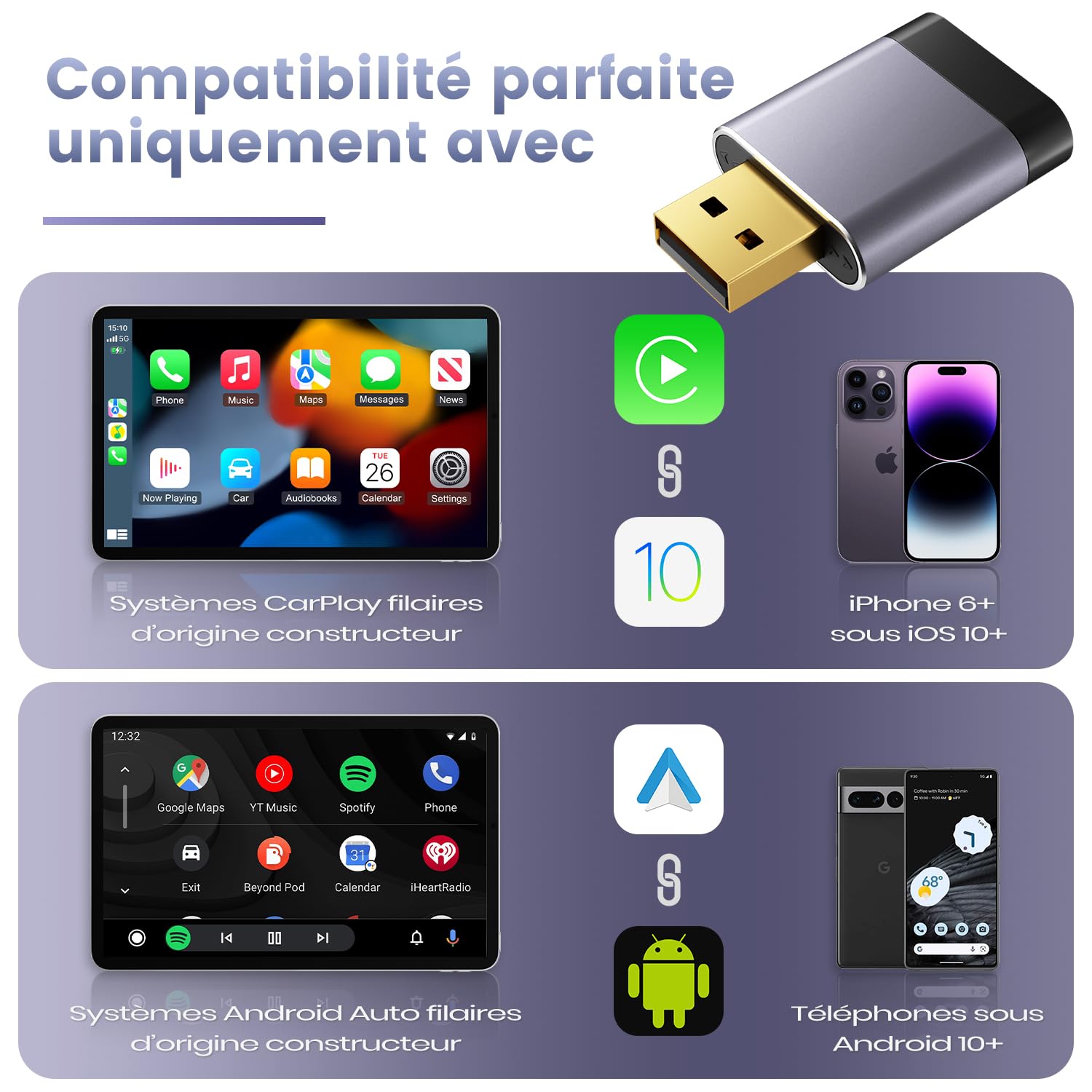 Mini Adaptateur CarPlay sans Fil pour Apple/Android Auto, sans Latence & Surchauffe, Compatible avec iPhone (iOS 10+) et Android 10+