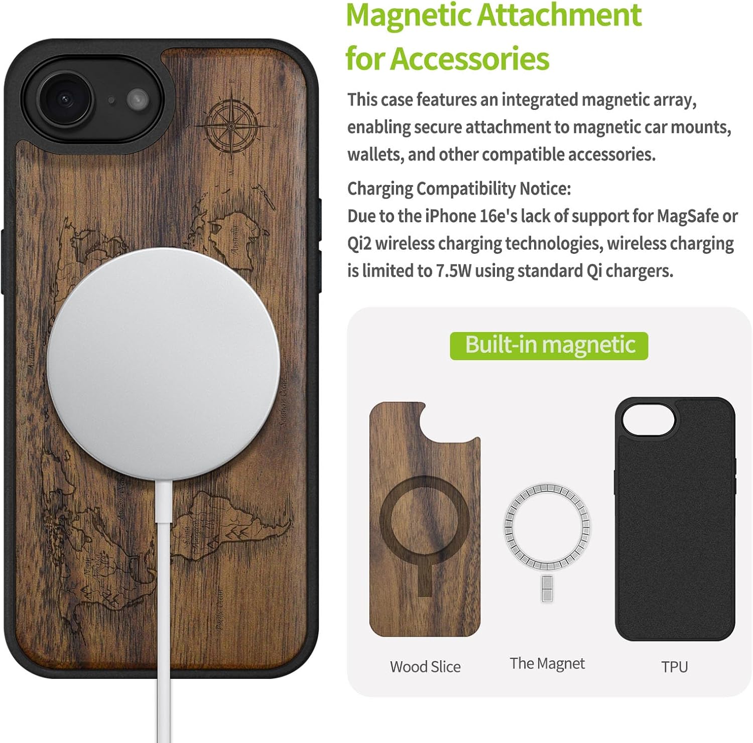 Carveit Magnetic Wooden Case for iPhone 16e / 17e, Solid Wood & Black TPU, Artisan Engraved Design, Shockproof Cover, Compatible with MagSafe Wireless Chargers, Compass Maps - Walnut