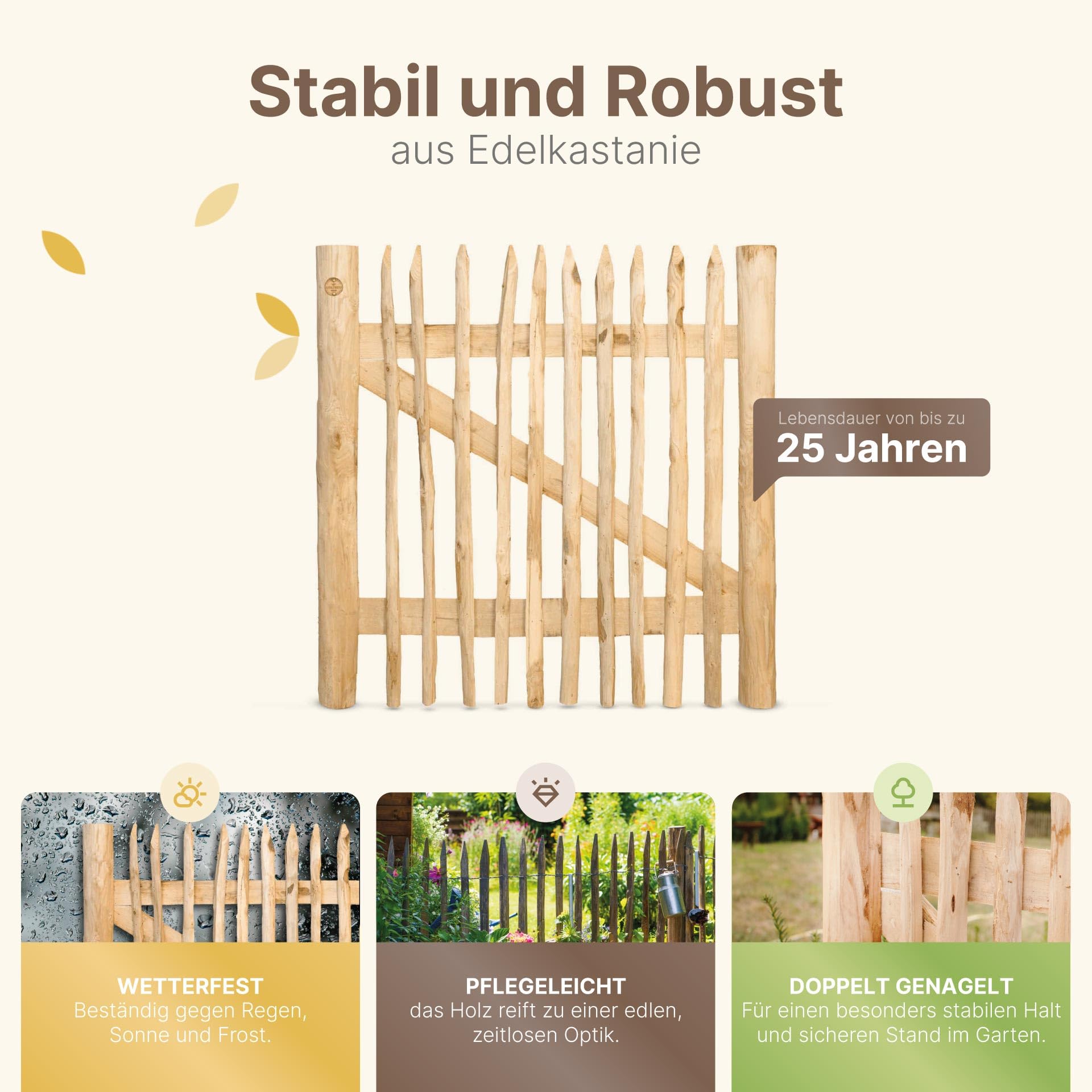 Classic Staketenzaun-Tor aus Edelkastanie (Breite 75 cm x Höhe 100 cm)