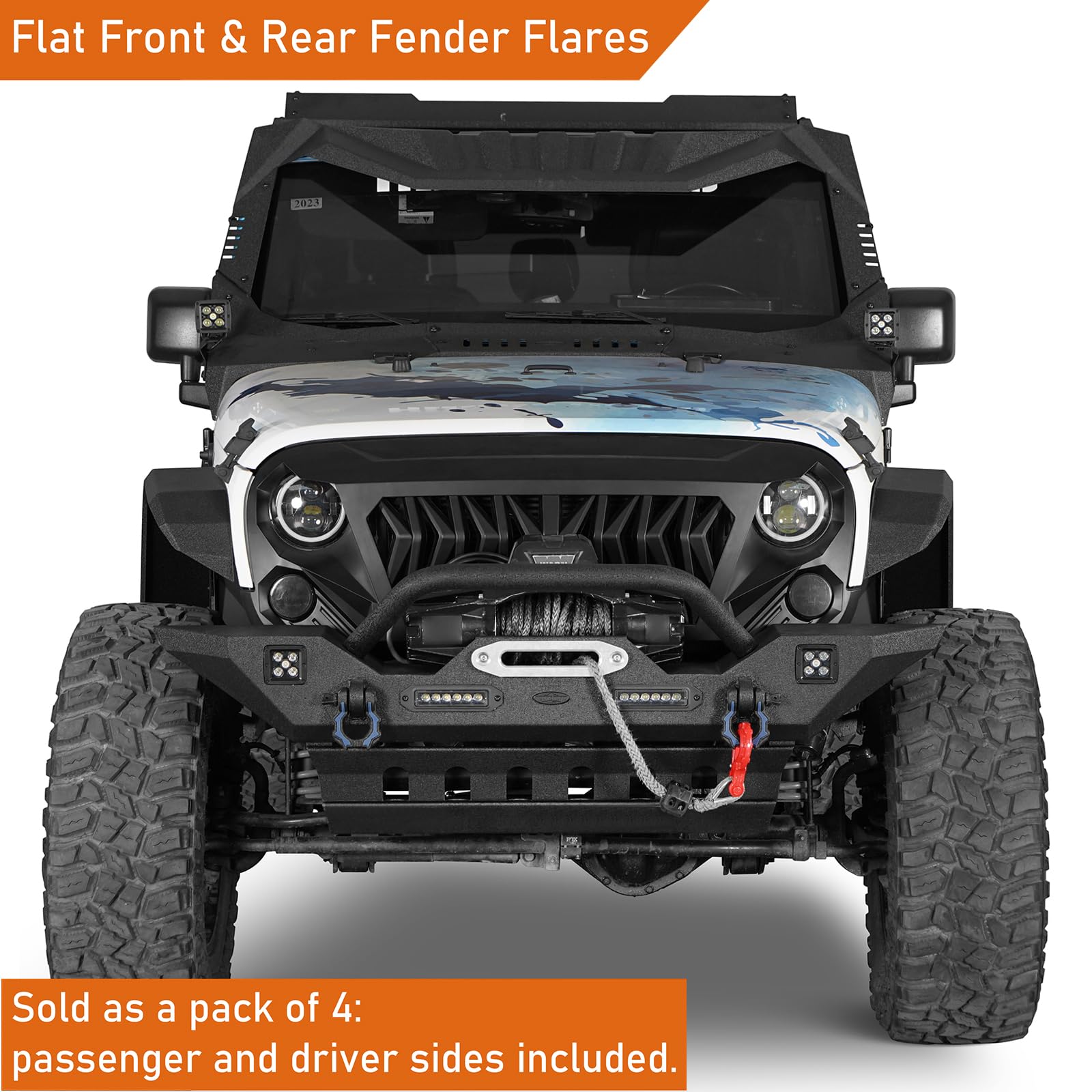 Hooke Road Flat Fender Flares for 2007-2018 Jeep Wrangler JK 24 Doors | Front & Rear Steel Fenders Enhanced Flat Style Offroad Wheel Guard Extra Tire Clearance Moderate Drilling Install product thumbnail 5