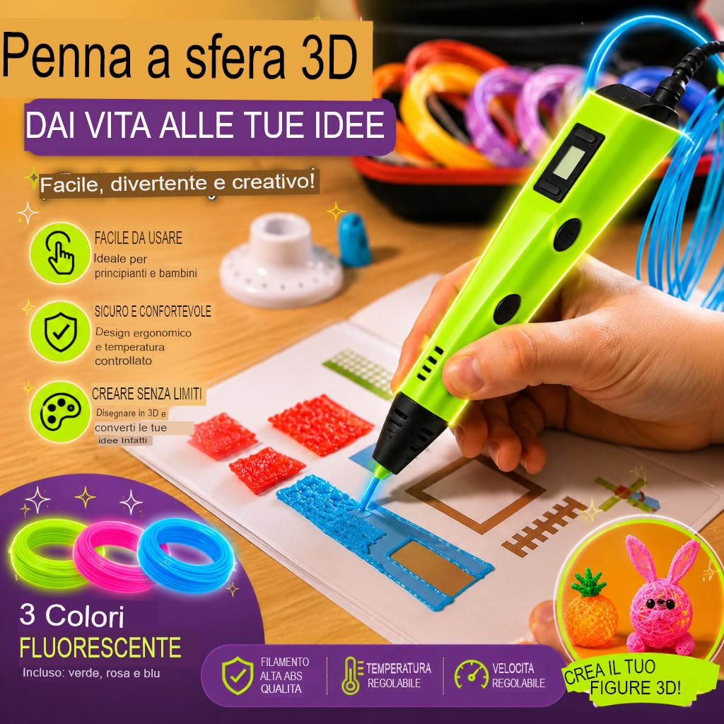 Penna 3D, matita 3D, filamento PLA, display LCD, strumento per artigianato e riparazioni, temperatura e velocità regolabili, con borsa per il trasporto