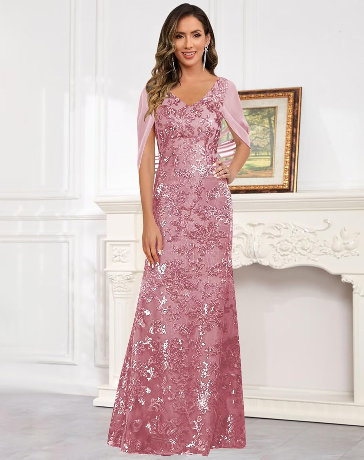 VCCICANY Sequin Mermaid Mother of The Bride Dresses for Women V Neck Long Evening Formal Gown with Cape Sleeves - Image 5