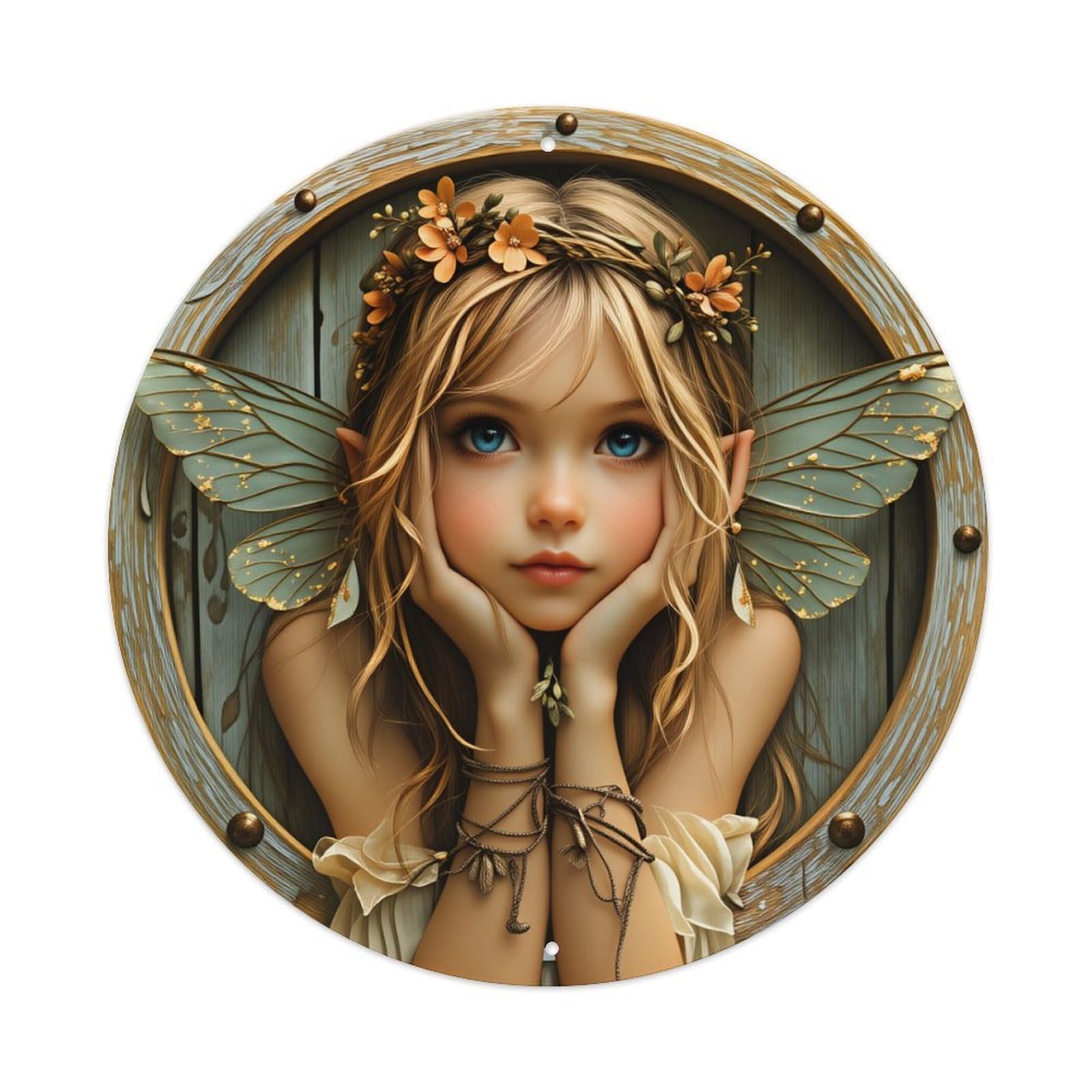 Wmlzdnwr Girls Vintage Fairy With Blue Eyes And Flower Crown Round Tin Sign,Retro Wall Art,Metal Poster For Home, Bar, Garage, Cafe, Rustic Indoor & Outdoor Decor, 8X8 Inches