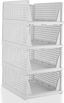XLARGE 35.5L | H25cm | 4 Pack Stackable Wardrobe Storage Drawers   L43 W33 H25 cm each, Foldable Plastic Closet Organiser Baskets for Bedroom Bathroom Kitchen   Space-Saving Design, White