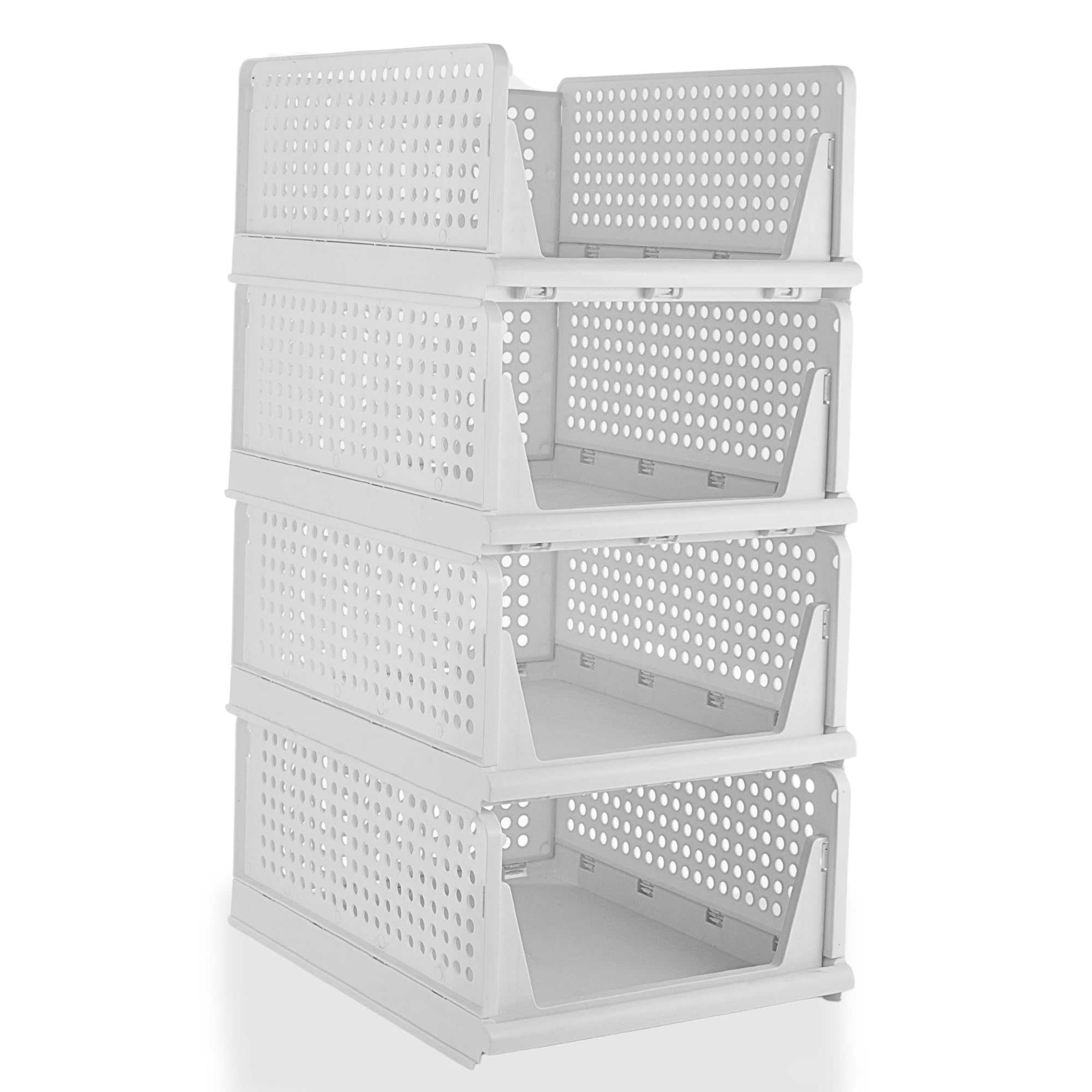 XLARGE 35.5L | H25cm | 4 Pack Stackable Wardrobe Storage Drawers – L43×W33×H25 cm each, Foldable Plastic Closet Organiser Baskets for Bedroom Bathroom Kitchen – Space-Saving Design, White