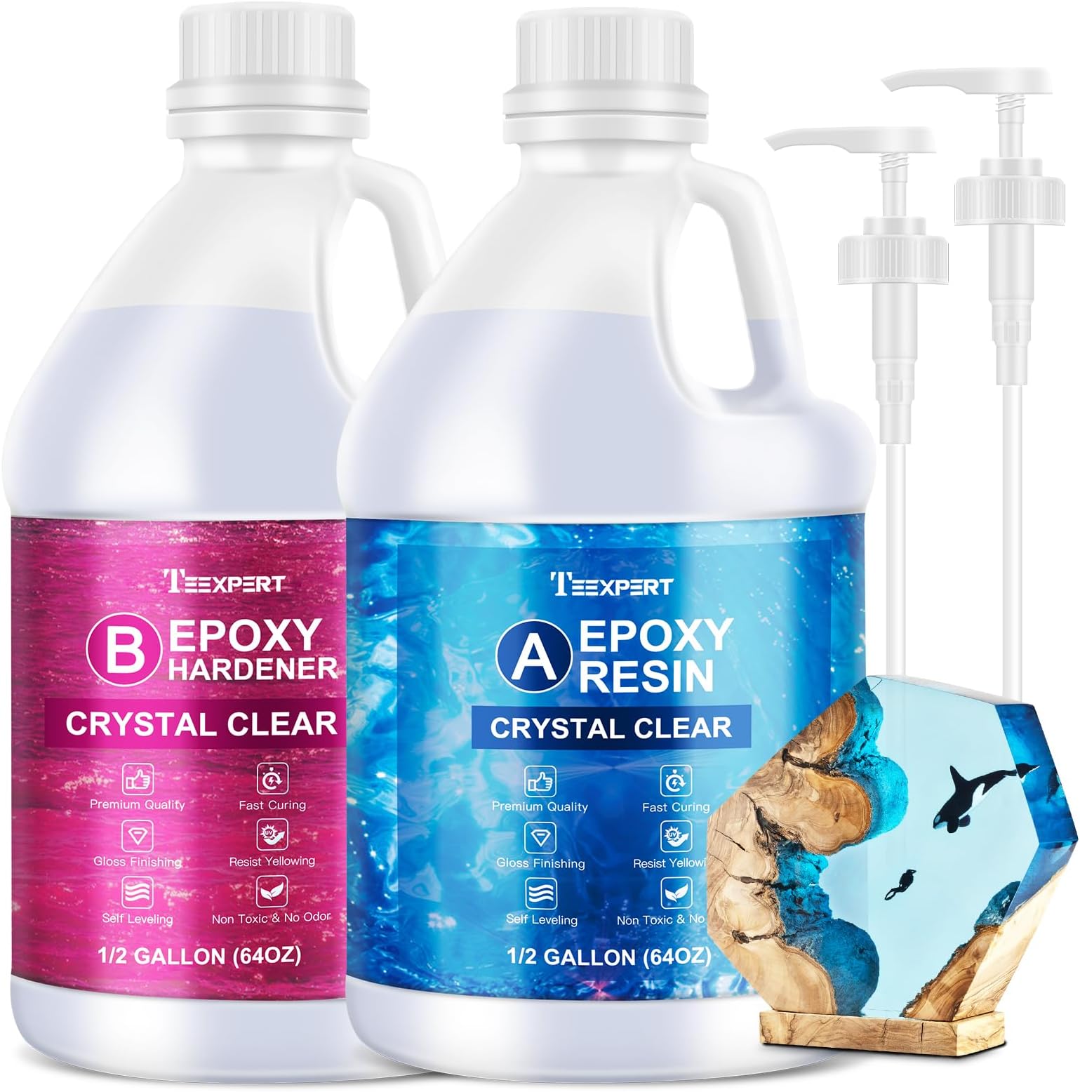 Teexpert Crystal Clear Epoxy Resin Kit 1 Gallon Self-Leveling Coating and Casting Resin, High-Gloss & Bubbles Free Resin and Hardener Kit for DIY Art, Jewelry, Table Top, Molds, Wood 1:1 Ratio
