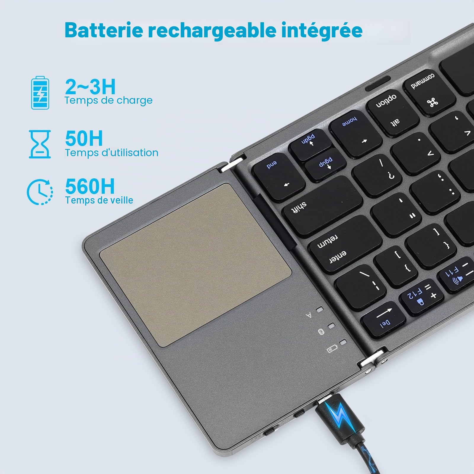AURTEC Clavier Bluetooth Pliable avec Touchpad Sans Fil, Mini Portable Rechargeable pour PC, Tablette, Android, Smartphone