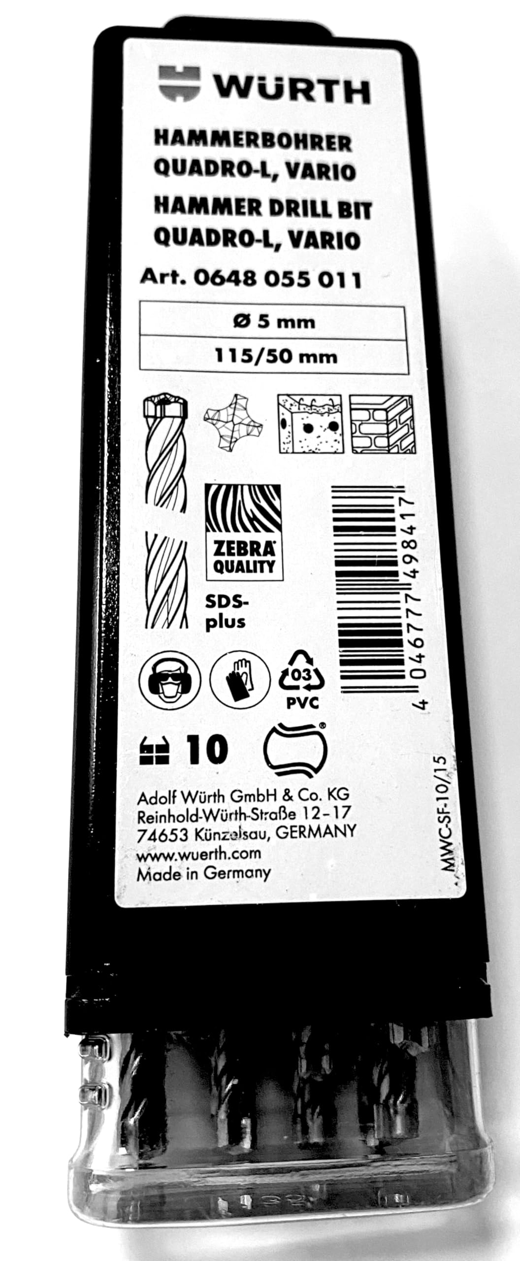 Wurth - Set di 10 punte da trapano per calcestruzzo SDS Plus, 5 mm, quadro-L Vario, 115/50 mm, testa in carburo monoblocco 4 punte per cemento armato e materiali duri, foratura precisa e