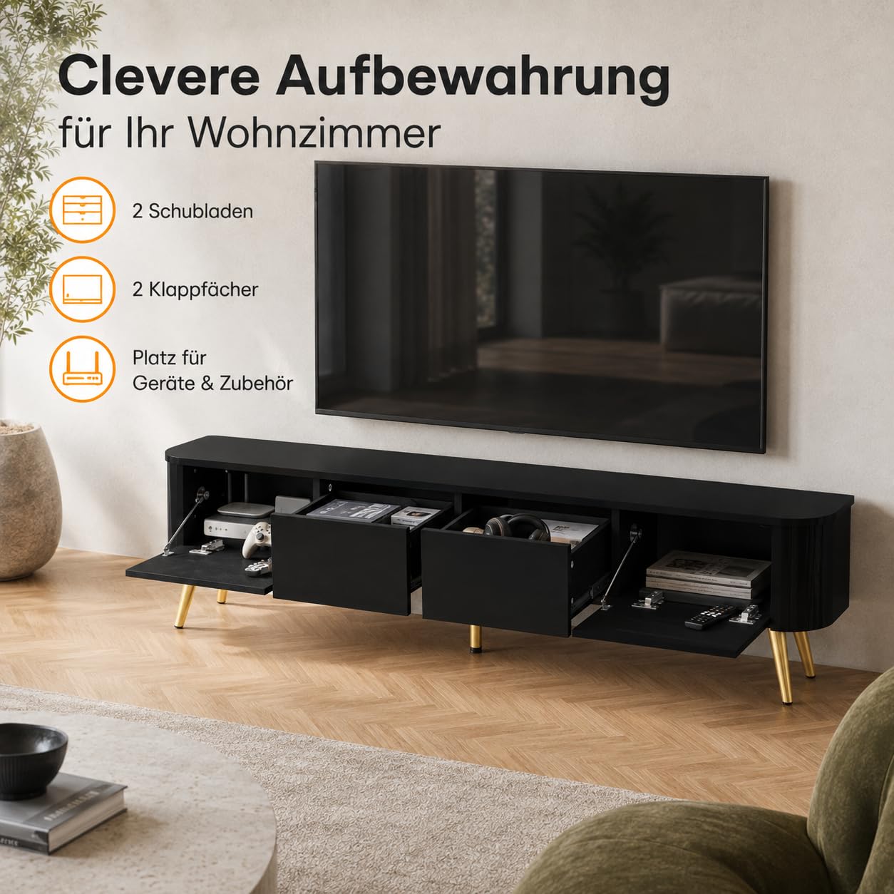 Mobile TV basso nero lucido con LED a 3 colori, 140 x 24 x 36 cm, da appoggiare o da parete, mobile TV con cassetto, scomparti laterali e gambe dorate