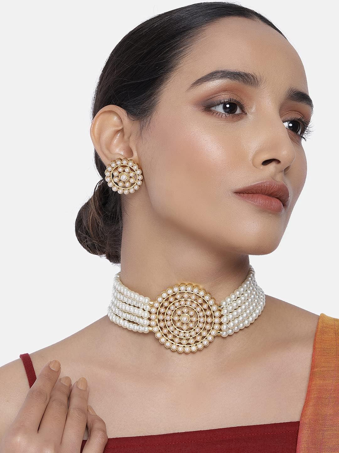 Aheli Pearl Diamond Choker Necklace & Round Earrings Gift for Women Indian Traditional Bollywood Fashion Bharatanatyam jewellery set