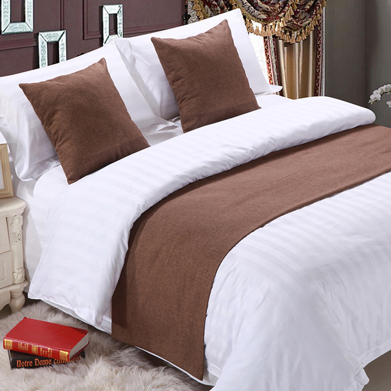 QRGMKL Premium Bed Runner for Foot of Bed, Solid Color Bed Scarf Cotton Linen Bedspread Home Decoration Hotel Bedroom Bedding Protector-Brown||2 Pillowcases(45X45cm)