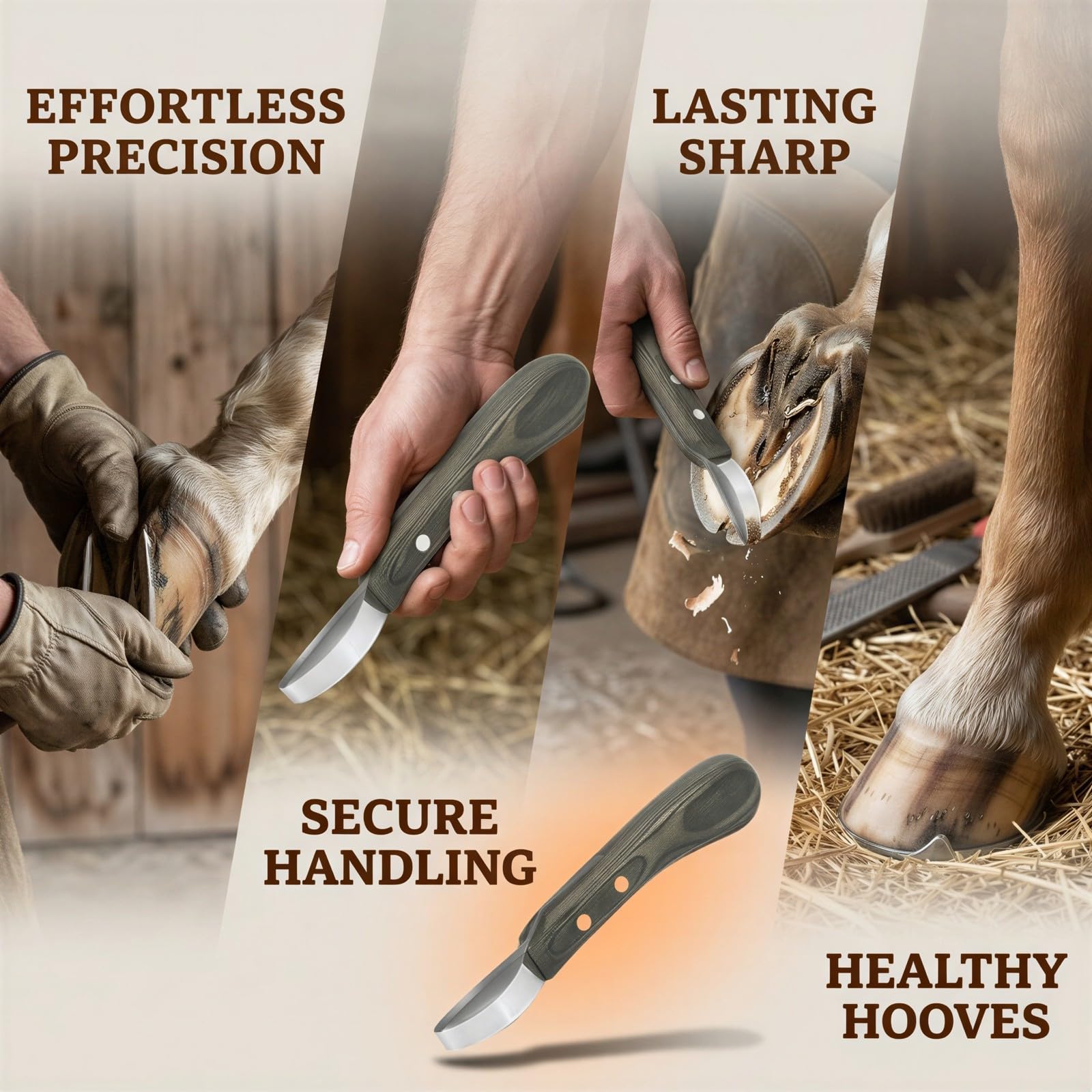 Hufmesser für Pferde, Werkzeug aus Edelstahl mit ringförmiger Klinge, ergonomischem bunten Holzgriff, für professionelles Huftrimming und Pflege, Zubehör für Stallreparaturen, schwarz Silber