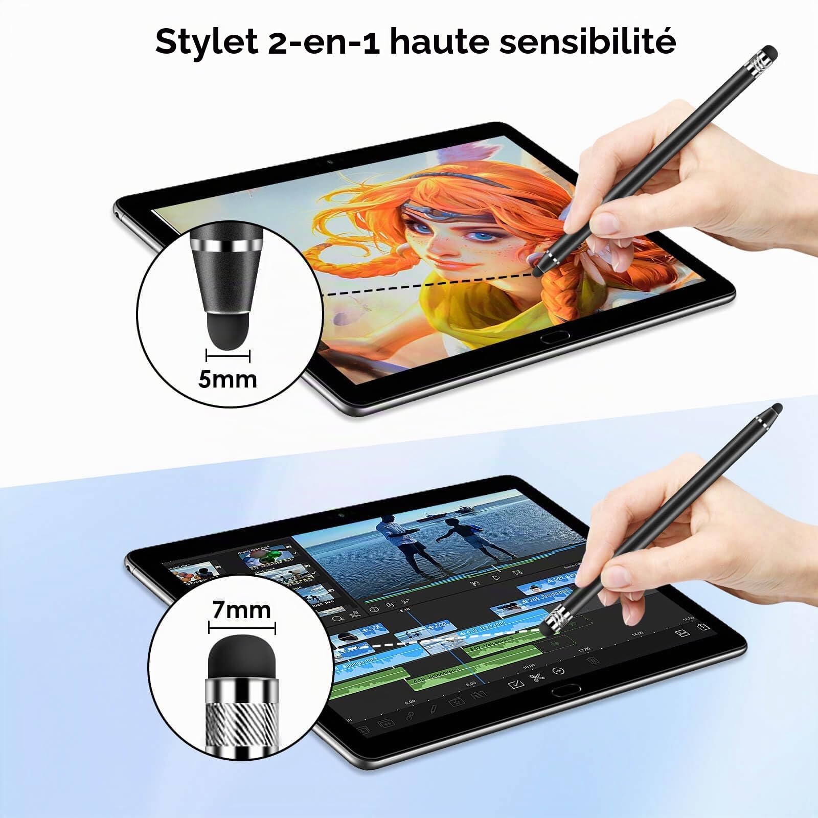 Stylet Tablette Universel 2 en 1 pour Écran Tactile, 4 Pièces avec 8 Embouts de Rechange pour Smartphones, Tablettes, Samsung Galaxy, iPad (Argent+Noir+Rose+Bleu)