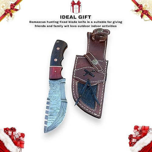Miniatura 7 de Cuchillo de caza de Damasco hecho a mano, cuchillo rastreador de hoja fija de 10 pulgadas con funda de transporte horizontal, cuchillos de acero de