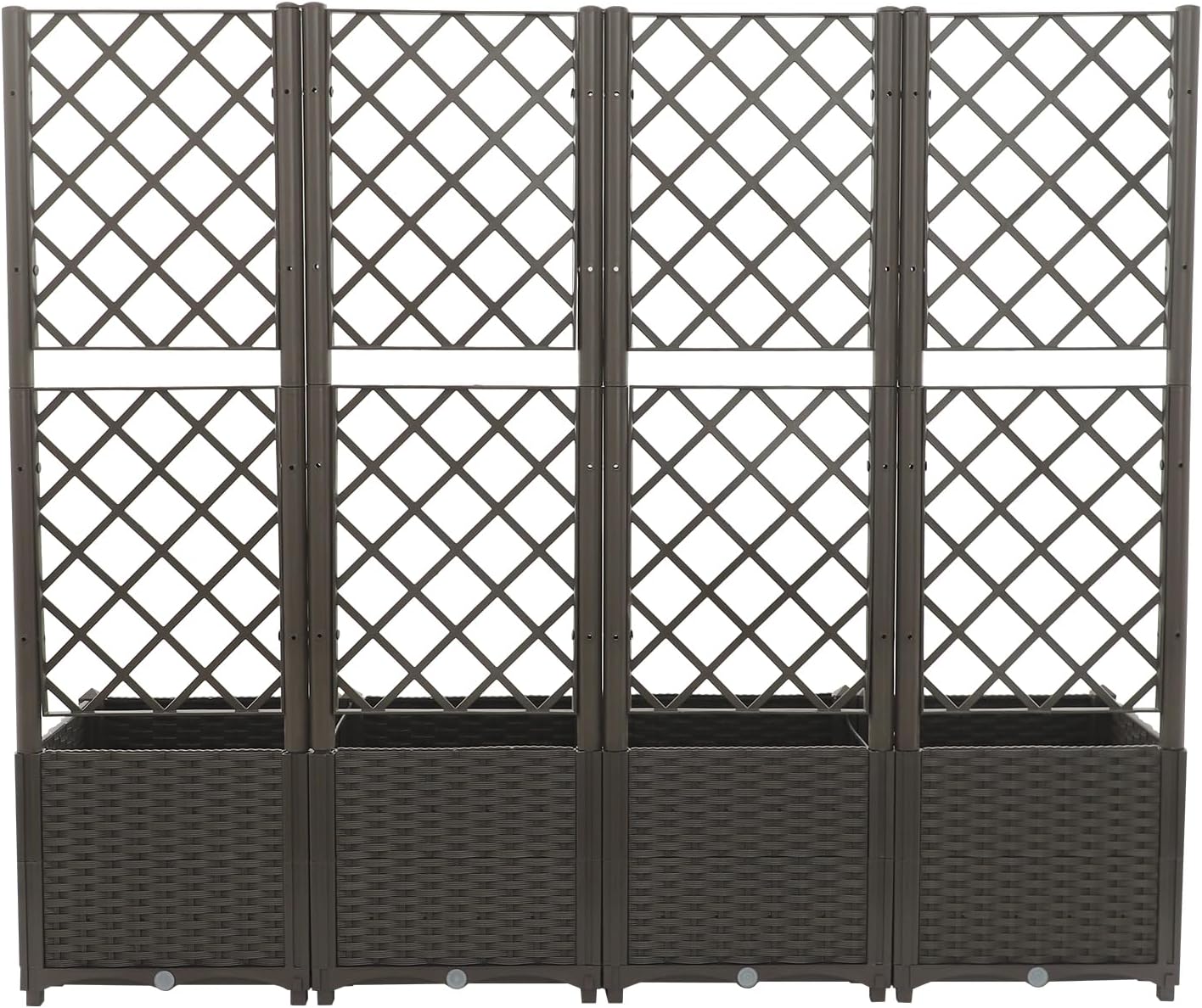 4 PCS Raised Garden Bed with Trellis, Plastic Planter Box for Climbing Plants, Outdoor Vertical Garden with Privacy Screen for Patio, Balcony, Backyard, Dark Brown