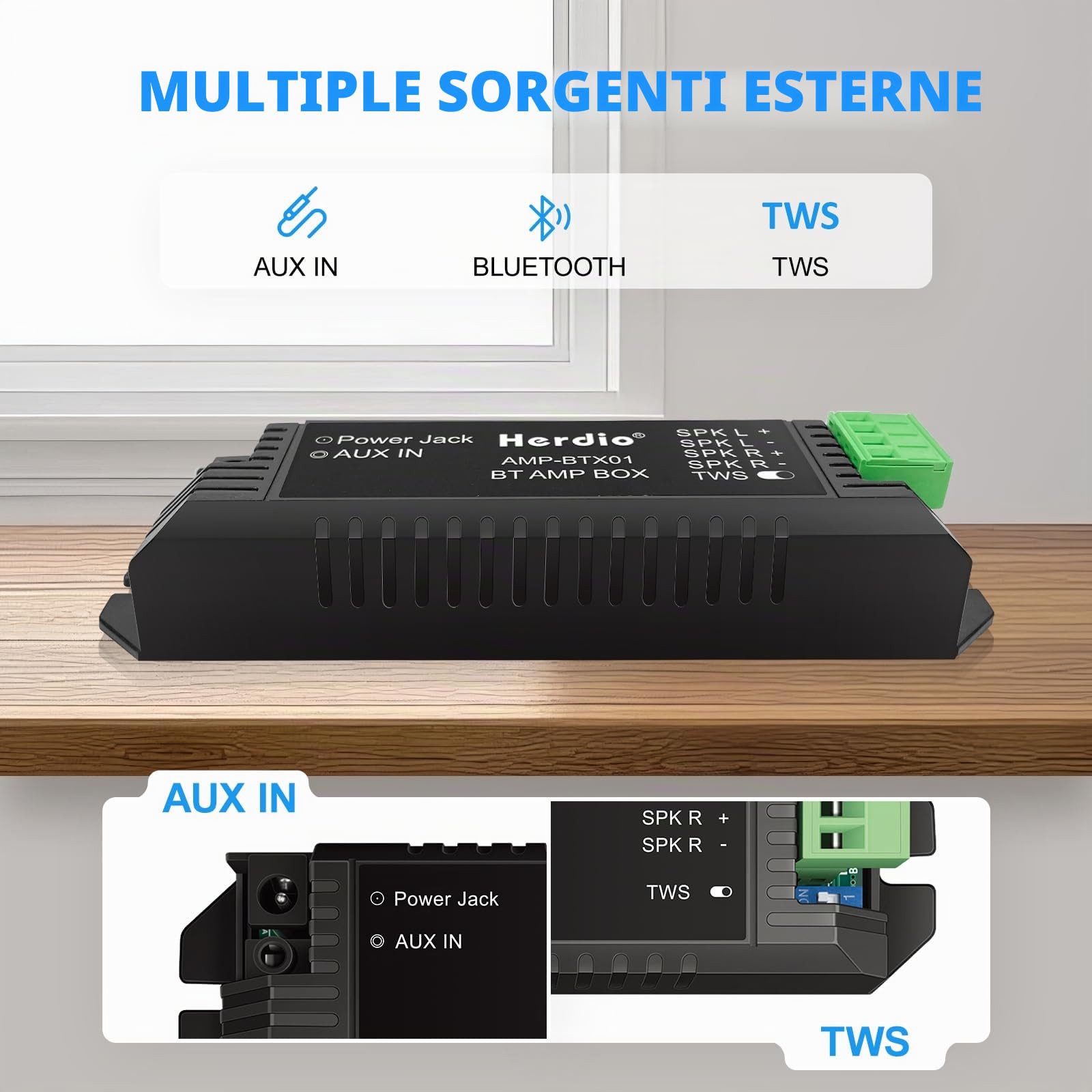 Herdio Bluetooth Home Audio Amplificatore 2 Canali Ricevitore Sistema per Altoparlanti Passivi con AUX TWS Adatto per Soffitto Marine Home Theater Garage Esterno Indoor