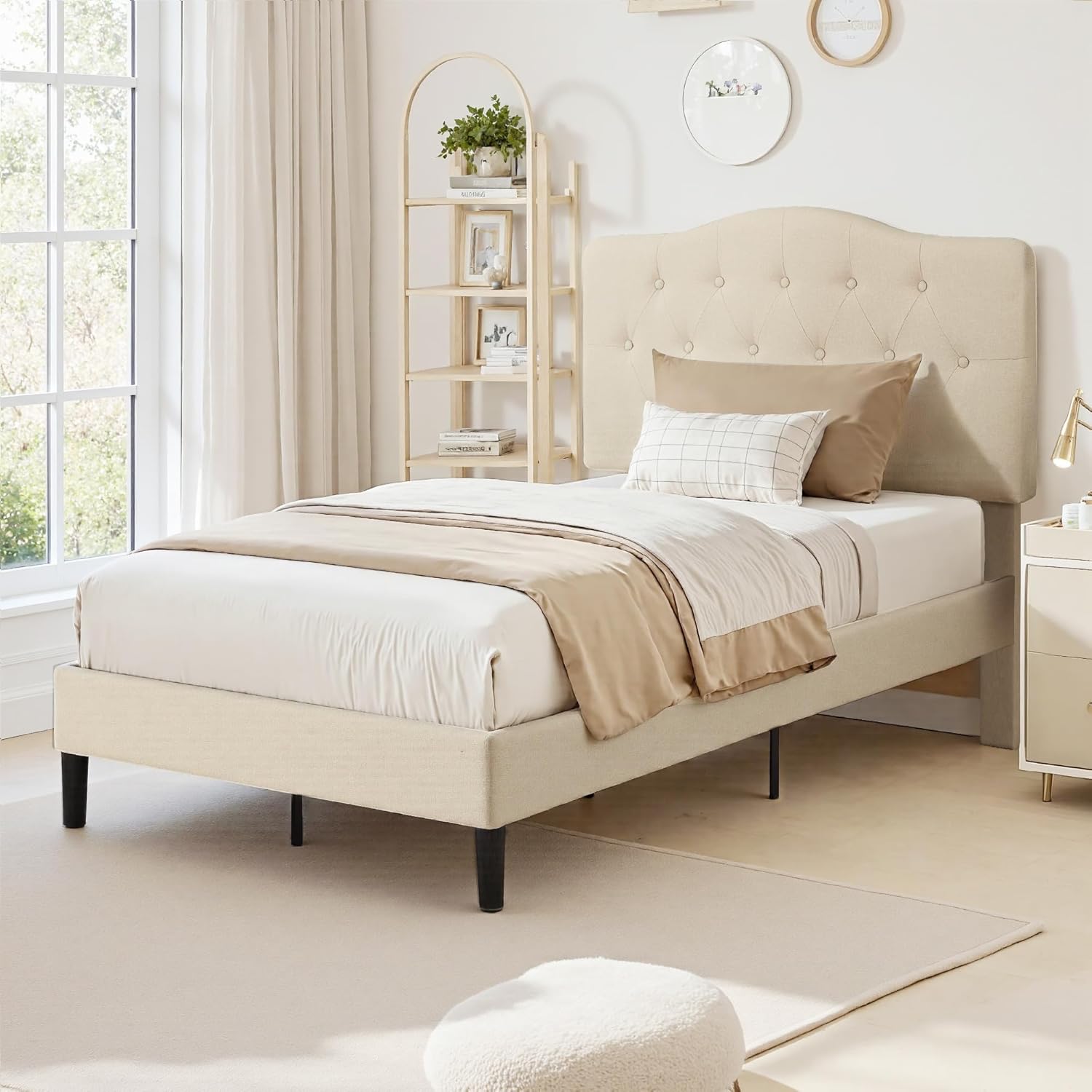 VECELO Twin Size Bed Frame Upholstered Platform with Tufted Adjustable Headboard/Mattress Foundation with Wood Slat Support, Easy Assembly,Beige