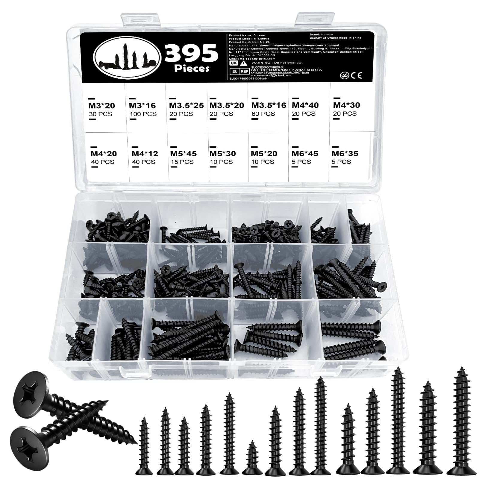 395 Pcs Self-Tapping Screw Set, Including M3, M3.5, M4, M5, and M6 Phillips Cross Head Countersunk Black Screws for DIY & Repairs