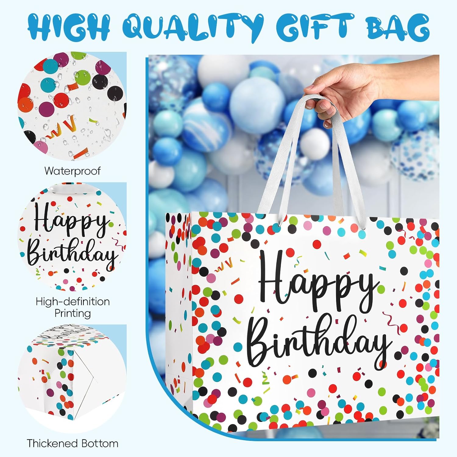 JMANNI Large Happy Birthday Gift Bag with Tissue Papers and Greeting Card, Portable Paper Gift Bags with Handles,Colorful Dots Present Bags for Women Girls Birthday Party Supplies 13" x 10.2"x4.7" image 5