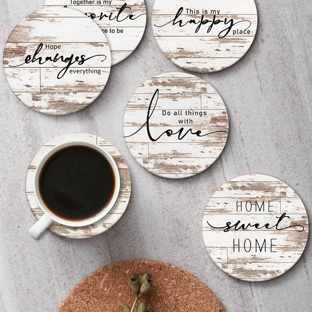 Coasters for Drinks Set of 6, Vintage Rusty Wood Farmhouse Home Happy Saying Absorbent Round Ceramic Stone Mat, with Cork Base and Metal Holder, Gift for Housewarming Room Bar Decor - Image 4
