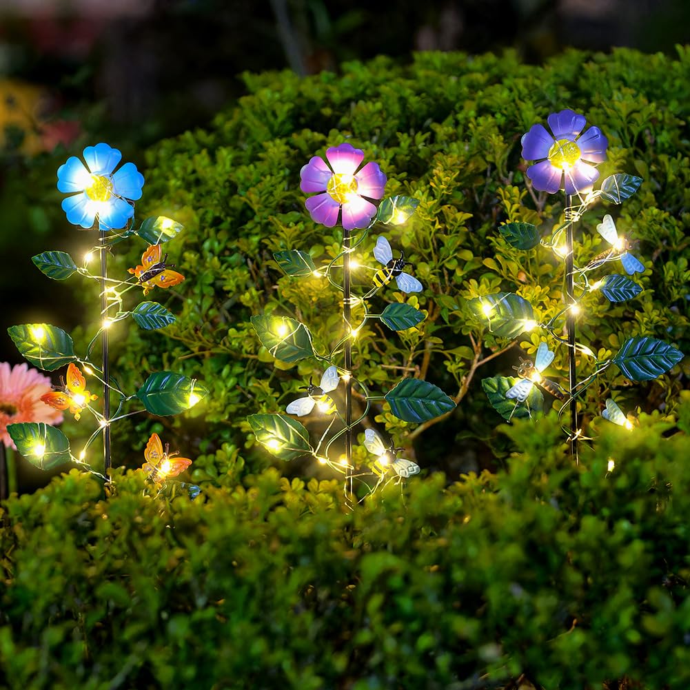 SATHGA Set of 3 Solar Garden Lights,23'' H Flowers＆Insect Decorative Garden Stakes,Waterproof Metal Spring Yard Art Decor,Solar Stake Lights for