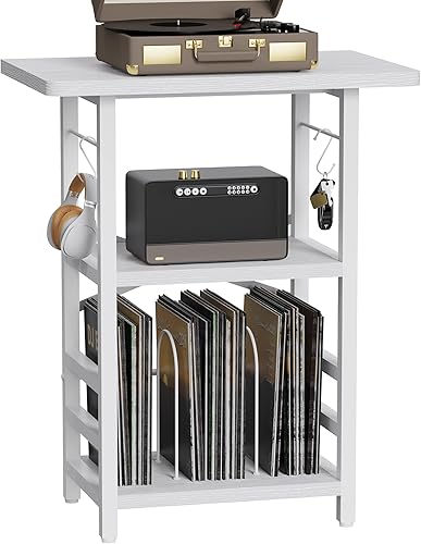 Miniatura 12 de Soporte para tocadiscos con escritorio extendido, mesa grande para tocadiscos con almacenamiento de vinilo, soporte giratorio con soporte para