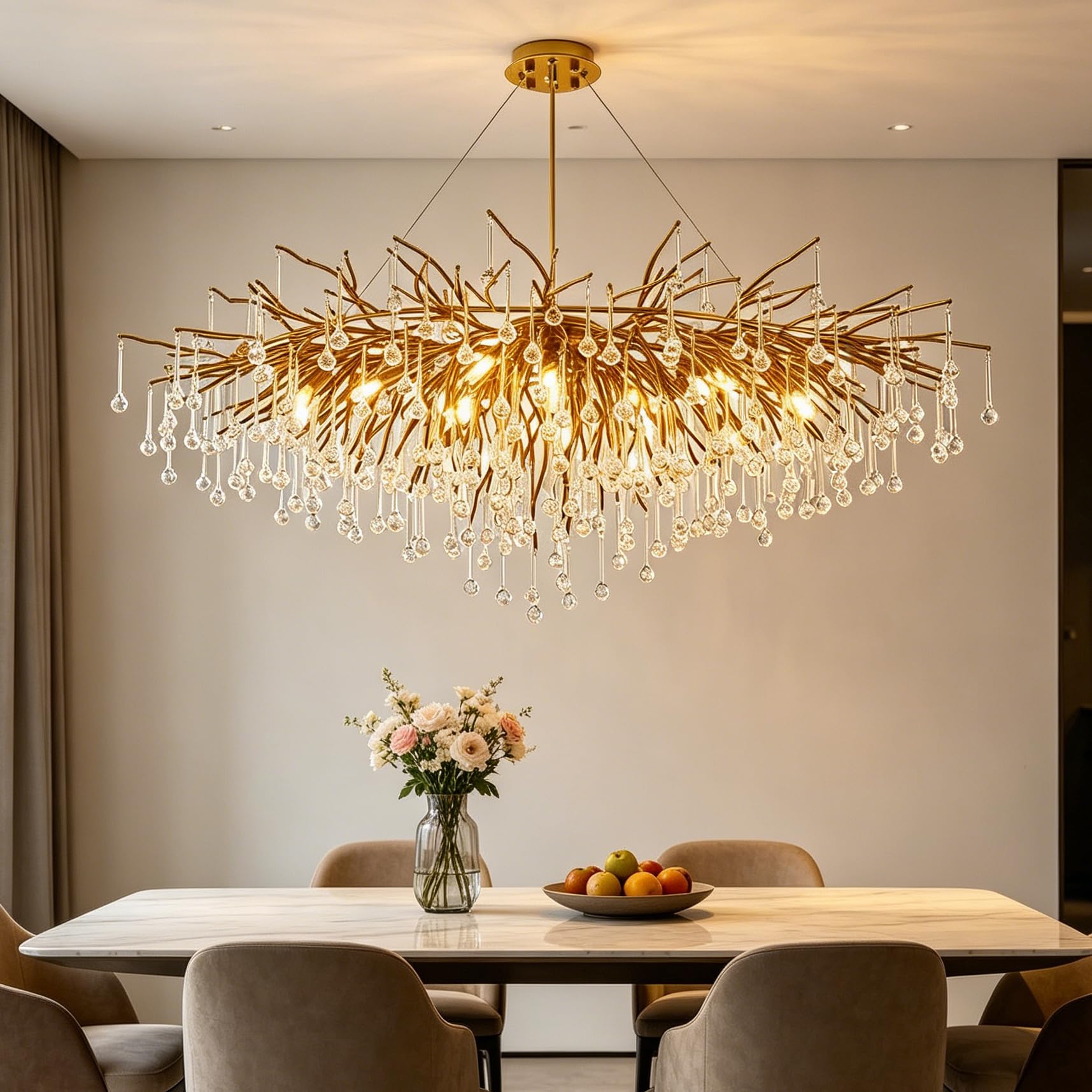 MESOVFCA Modern Chandeliers for Living Room Crystal Tree Branch Chandelier, 100Cm Large Linear Art Deco Raindrop Pendant Light Fixture for Dining Room, Kitchen Island, Bedroom,Gold