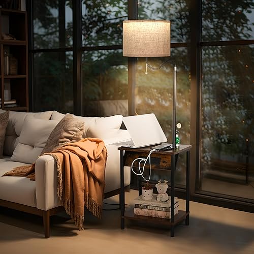 Miniatura 9 de FIMEI Lámpara de pie con mesa, mesa auxiliar con estación de carga, puertos USB y tomacorrientes, mesita de noche con luz de lectura de temperatura